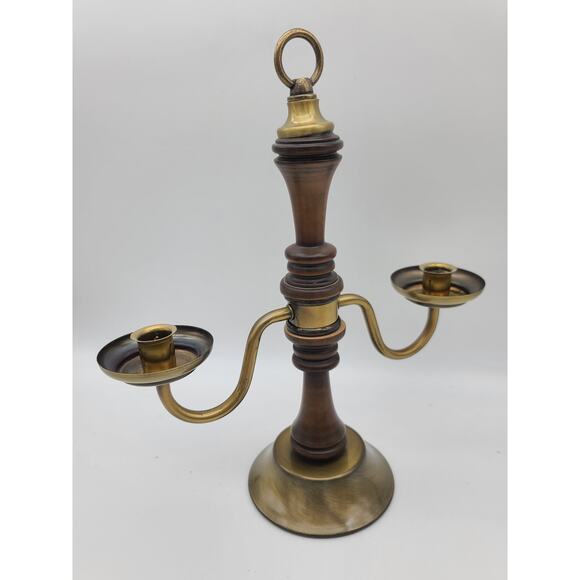 Vintage Mid Century Brass & Wood Double Arm Candle Holder w/Glass Shades - Picture 4 of 10